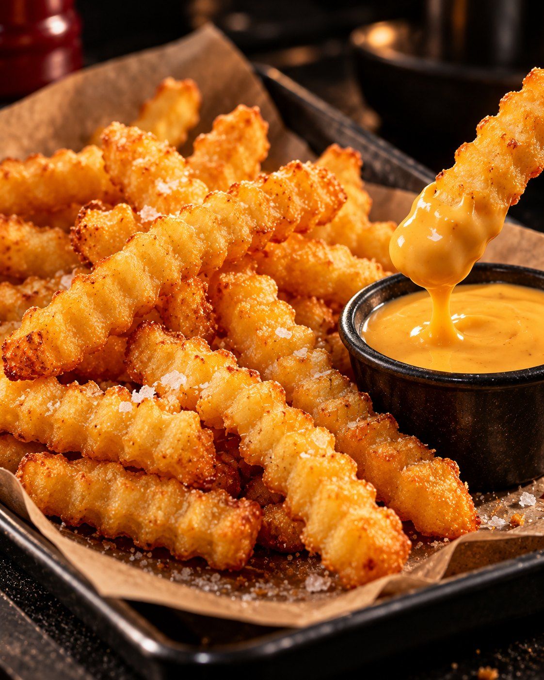 Frites Crinkle trempées dans une sauce fromage