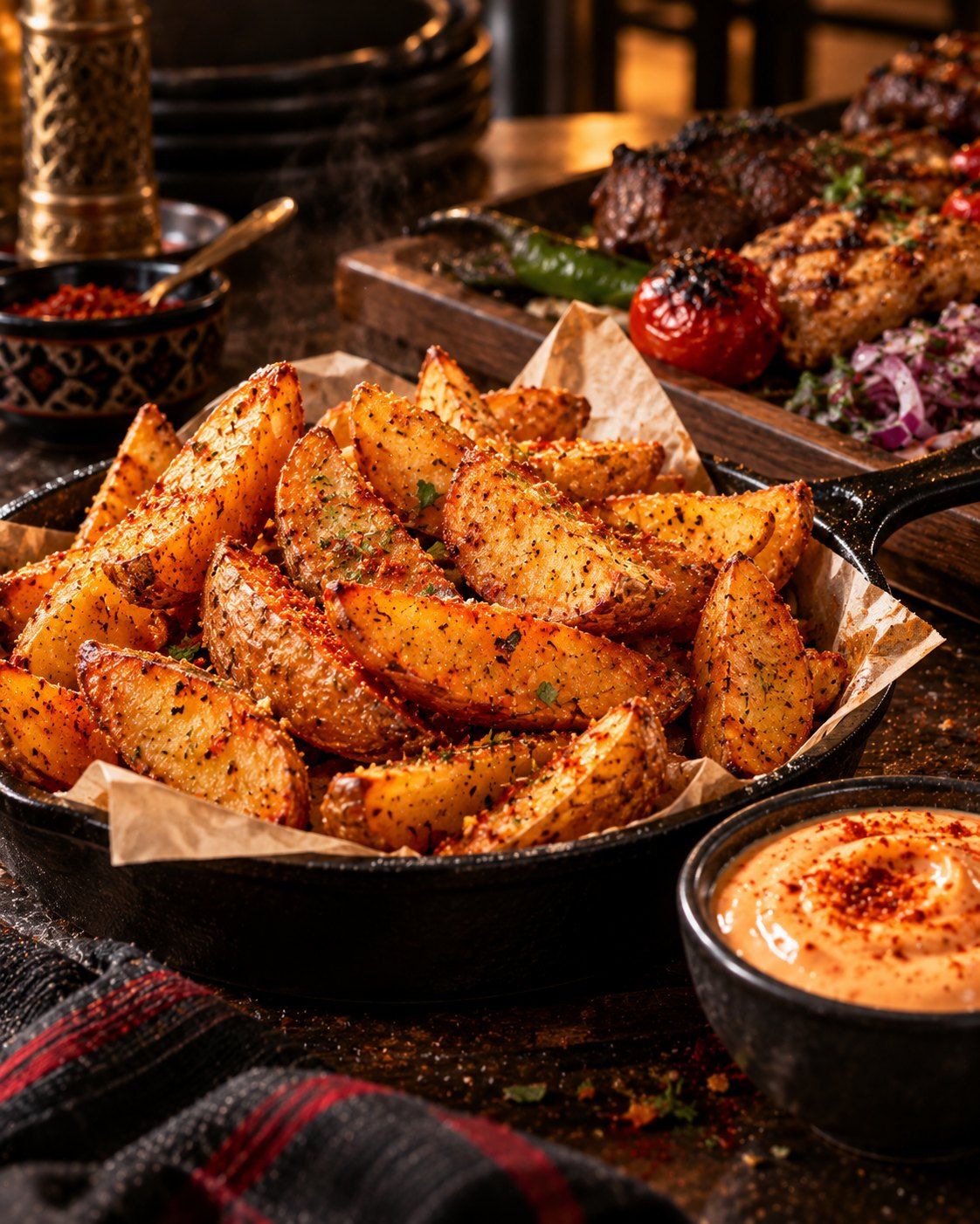 Wedges épicées dans une poêle en fonte